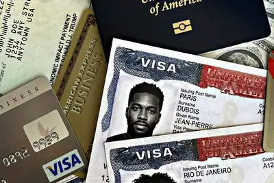 Sample U.S. visas laid out with a passport and other travel documents